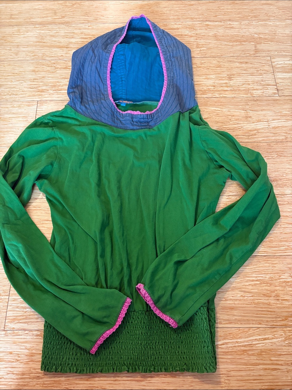Tranquillo Organic Cotton Boho Colorblock Smocked Waist Hoodie Top Green Large